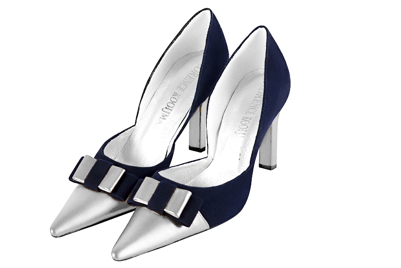 Light silver and navy blue women's open arch dress pumps. Pointed toe. Very high slim heel. Front view - Florence KOOIJMAN